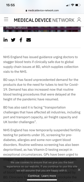 Shortage of plastic tubes for blood tests