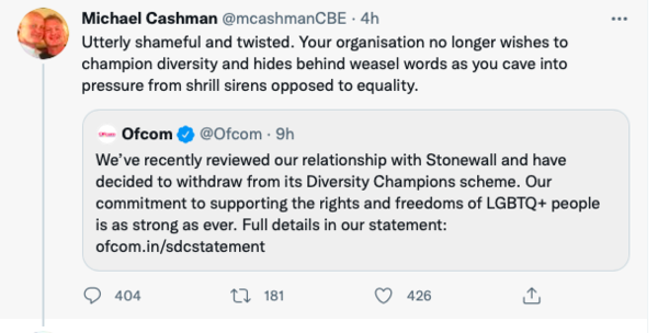 Ofcom leaves Stonewall Diversity Scheme but not Workplace Equality Index