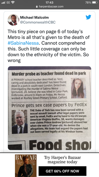 Why is Sabina Nessa murder not all over the media?