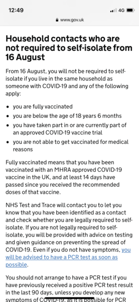 Household contacts who are not required to self-isolate from 16th August.