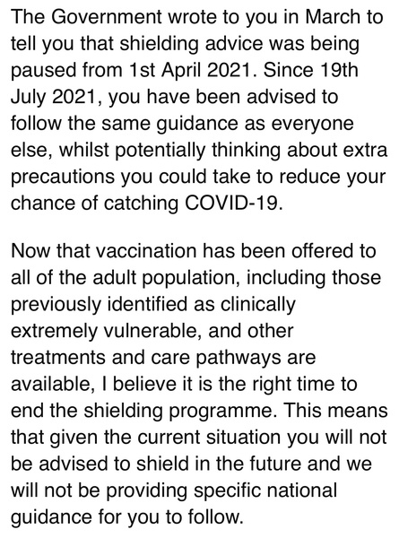Covid - CEV - Shielding programme has ended