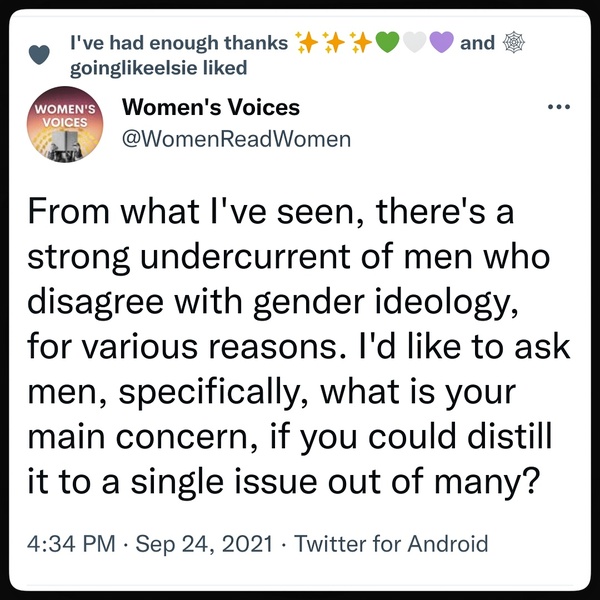 Men voicing their gender ideology concerns on Twitter tonight