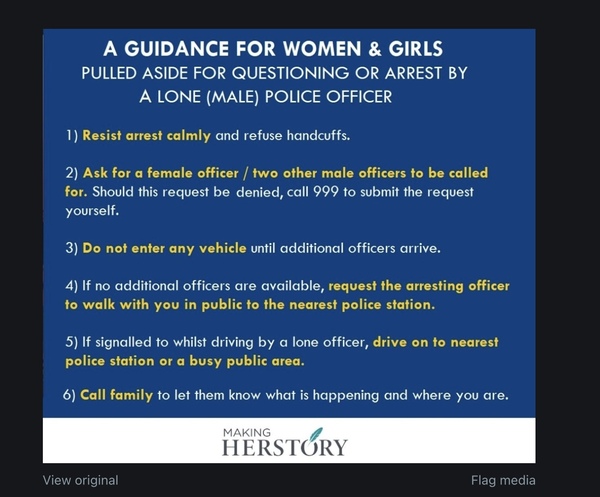 Women must resist arrest by any male police officer and demand the presence of a policewoman