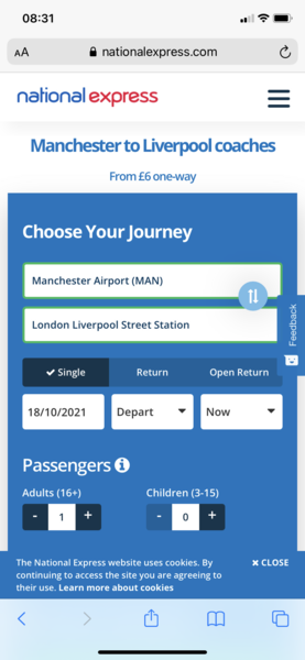 Transport Manchester airport -> Liverpool