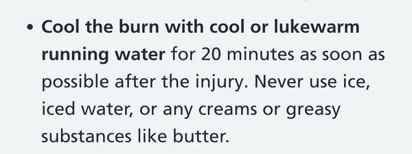 Burnt hand hurts as soon as it's out of cold water