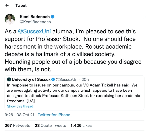Campaign of bullying and intimidation at Sussex University vs Professor Kathleen Stock