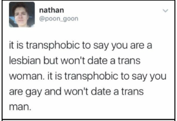 Am i being stupid? Why is it only lesbians who are being told they need to have sex with transwomen?