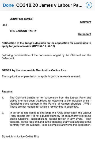 Jennifer James vs Labour Party