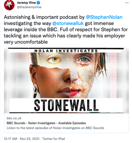 Jeremy Vine praised Nolan Stonewall podcast