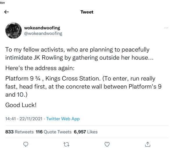 JK Rowling tweeting now about 3 actors who revealed her home address on Twitter