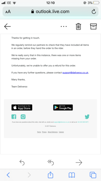 Deliveroo no refund