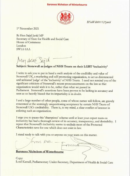 Baroness Nicholson letter RE Stonewalls influence in the NHS