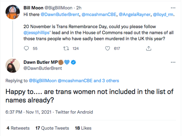 Dawn Butler shows she is unaware number of transwomen murdered is zero