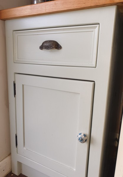 Please help paint coulor for greige cabinets and pale blue cabinet. I like Cromarty but it looks mint green.