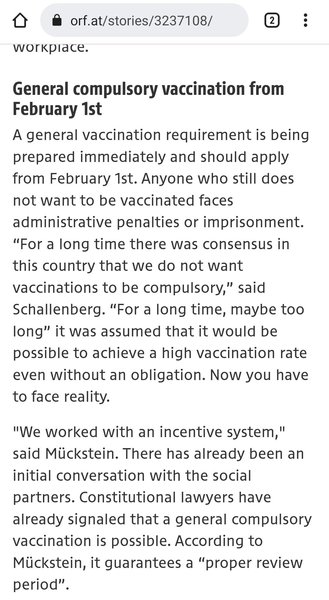 Vaccinations to made a legal requirement in Austria from Feb 2022