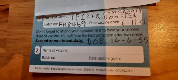 Vaccination card for booster