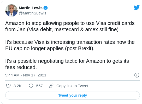 Amazon no longer accepting Visa credit cards from January 2022 - WTF?