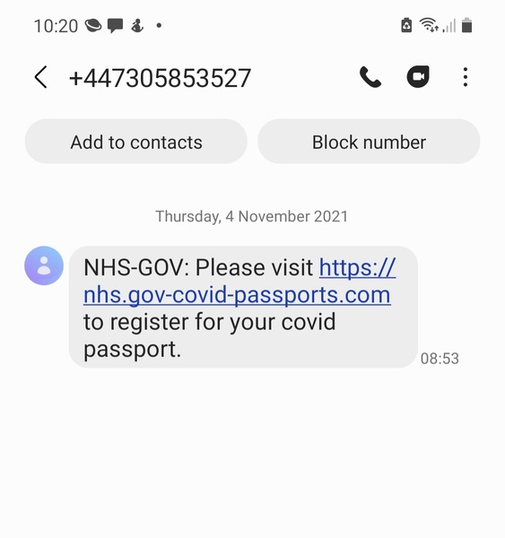 Hoax vaccine passport text message