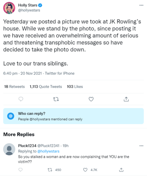 JK Rowling tweeting now about 3 actors who revealed her home address on Twitter