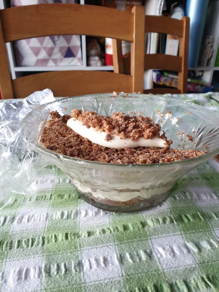Cocoa, breadcrumbs, cream and I think coffee?? What is this dessert??
