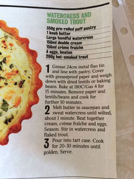 Trout Quiche recipe how best to serve hot, let it go cold, cold, lentils/baking beans