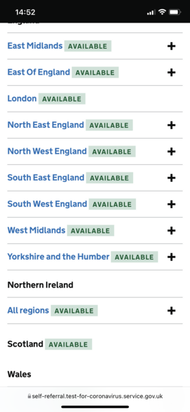 No PCR tests available in the whole of England.