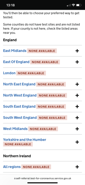 No PCR tests available in the whole of England.