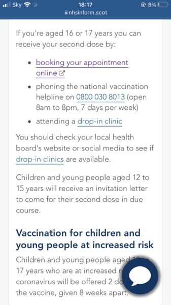 Scotland, no booking vaccine for 12-15 yr olds