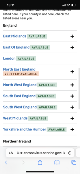 No PCR tests available in the whole of England.