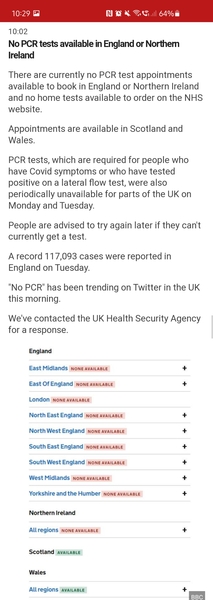 No PCR tests available un England
