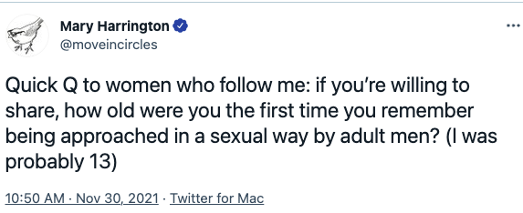 Mary Harrington's Thread: how old at your first sexual approach by a man?