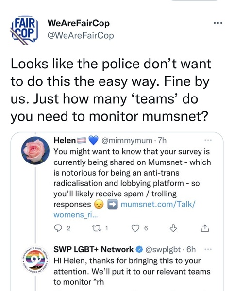 Fair Cop Harry: ' police are making threats against Mumsnet. We are on the case.'