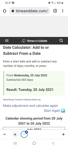 What is 365 days backward from 20th July 2022 please?