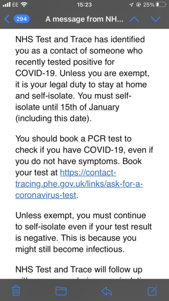 Test and trace telling me to isolate as close contact??