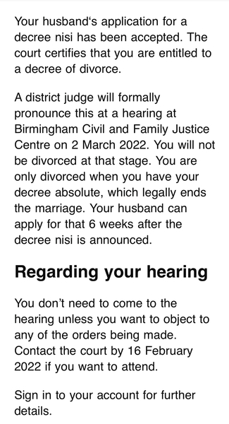 Hearing for Decree Nisi - what does this mean?