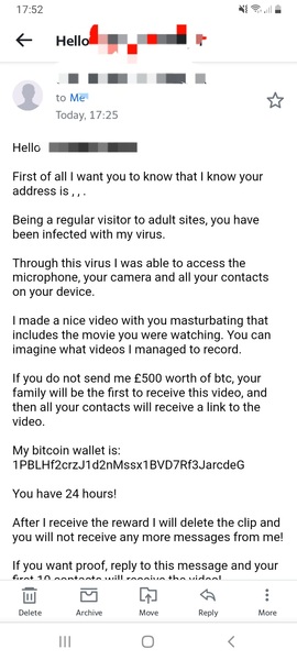 Email sent from my email address to me threatening to blackmail me
