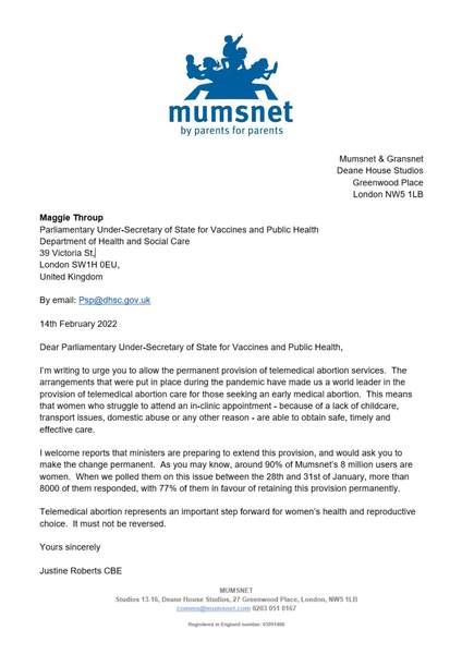 Following a poll of 8000 of you, we wrote to the Government urging it to retain telemedical abortion