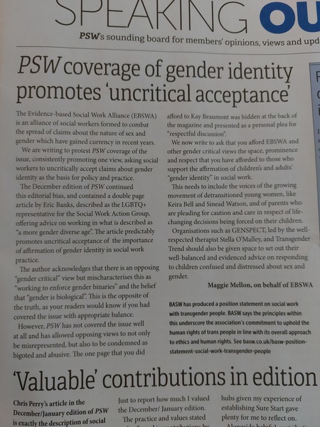 Letter published in Professional Social Work magazine from Evidenced Based Social Work Alliance