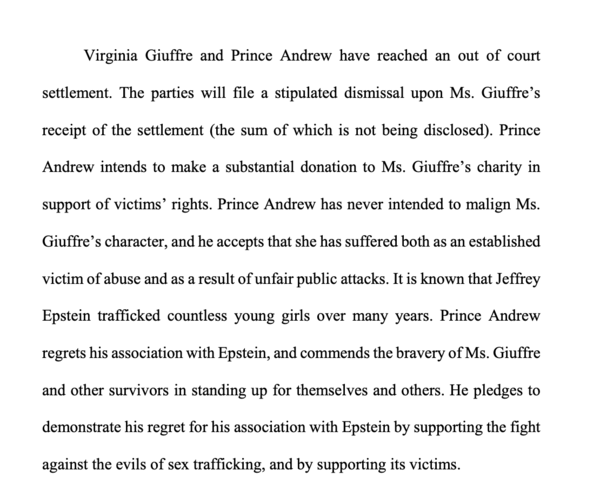 Virginia Guiffre and Andrew settle out of court