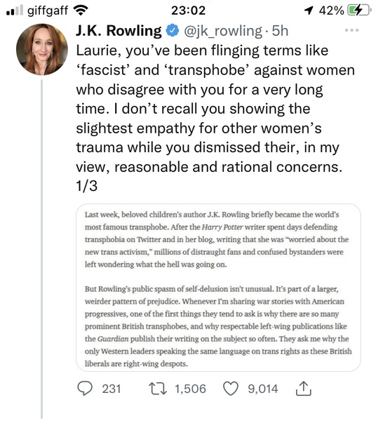 Twitter editorialising against J K Rowling again.