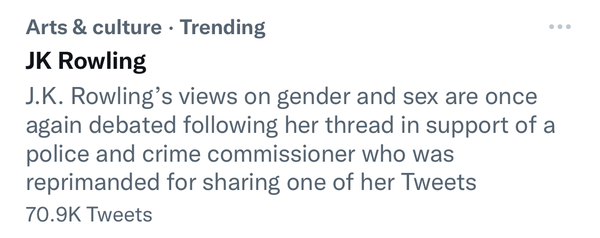 Twitter editorialising against J K Rowling again.