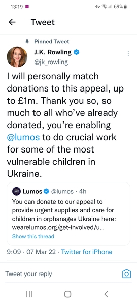 JK Rowling matching donations to Ukraine appeal