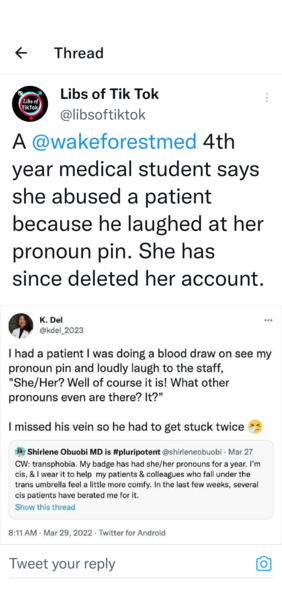 I hope this is not true - med student in US deliberately misses vein after patient remarks on pronoun badge