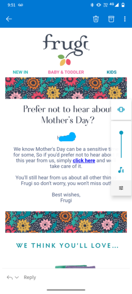 Frugi (maternity + kids clothing) send email about mothers day...