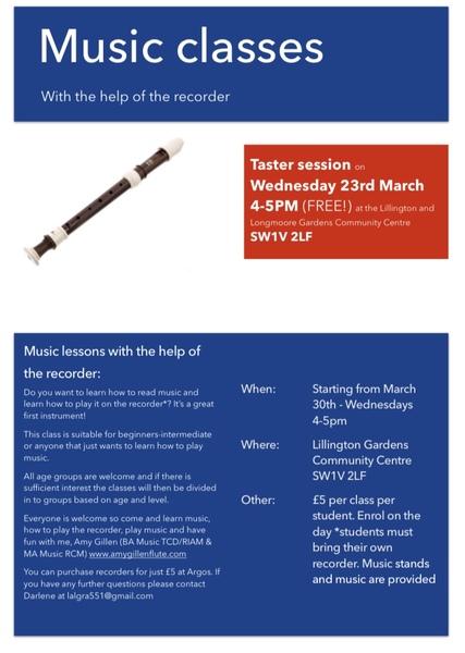 Music/Recorder classes London SW1V 2LF