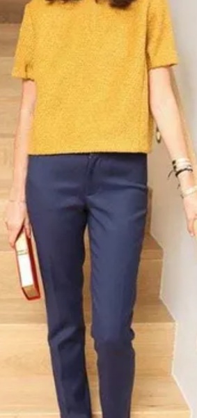 Mustard yellow top with which colour trousers?