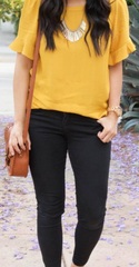 Mustard yellow top with which colour trousers?
