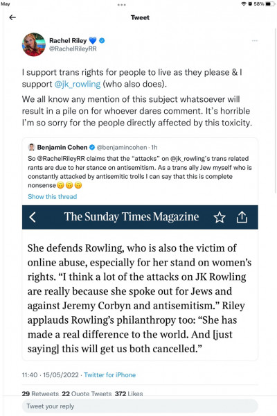 Rachel Riley stands up for JKR. Predictable abuse on Twitter