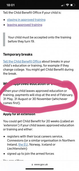 School Leaver - Child Benefit