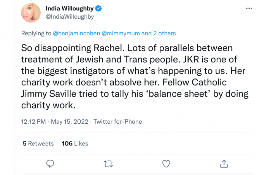 Rachel Riley stands up for JKR. Predictable abuse on Twitter